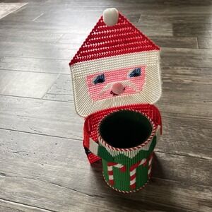 SANTA CANDY DISH CHRISTMAS PLASTIC CANVAS Needlepoint Unique Grannycore‎ Decor